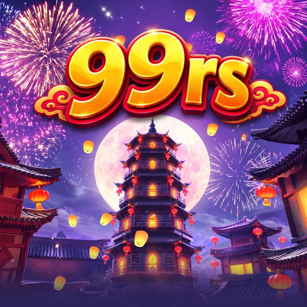Visual permainan Wild Fireworks di 99rs menampilkan pagoda megah di bawah langit malam dengan kembang api dan lampion